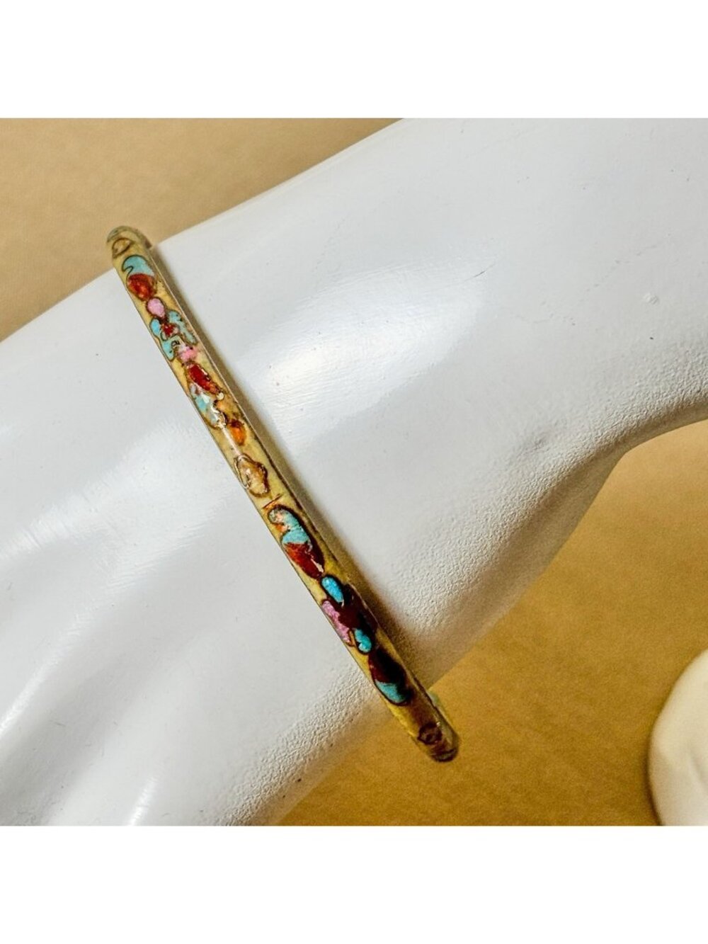 Vintage Beige Cloisonné Enamel Bracelet 7 3/4 Inch Floral Asian Style Jewel B33